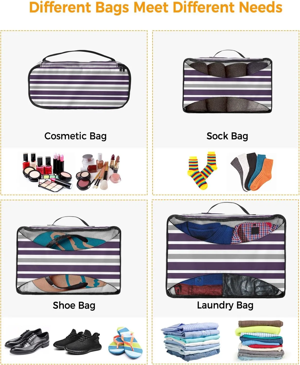 Packing Cubes for Travel, 4 Set Travel Packing Organized Cubes Dark Purple Gray White Stripe Waterproof Luggage Organizer with Laundry Bag Shoe Bag Travel Accessories for Carry On Suitcases