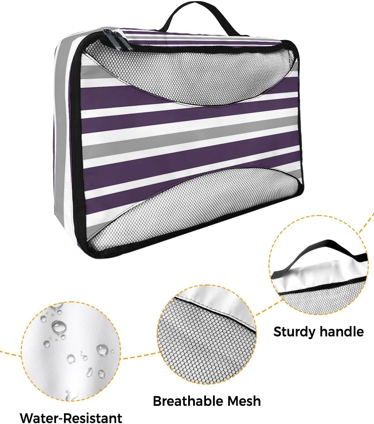 Packing Cubes for Travel, 4 Set Travel Packing Organized Cubes Dark Purple Gray White Stripe Waterproof Luggage Organizer with Laundry Bag Shoe Bag Travel Accessories for Carry On Suitcases