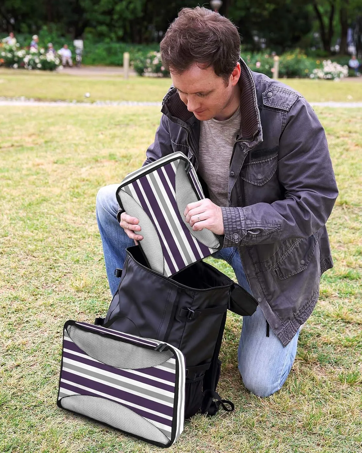 Packing Cubes for Travel, 4 Set Travel Packing Organized Cubes Dark Purple Gray White Stripe Waterproof Luggage Organizer with Laundry Bag Shoe Bag Travel Accessories for Carry On Suitcases