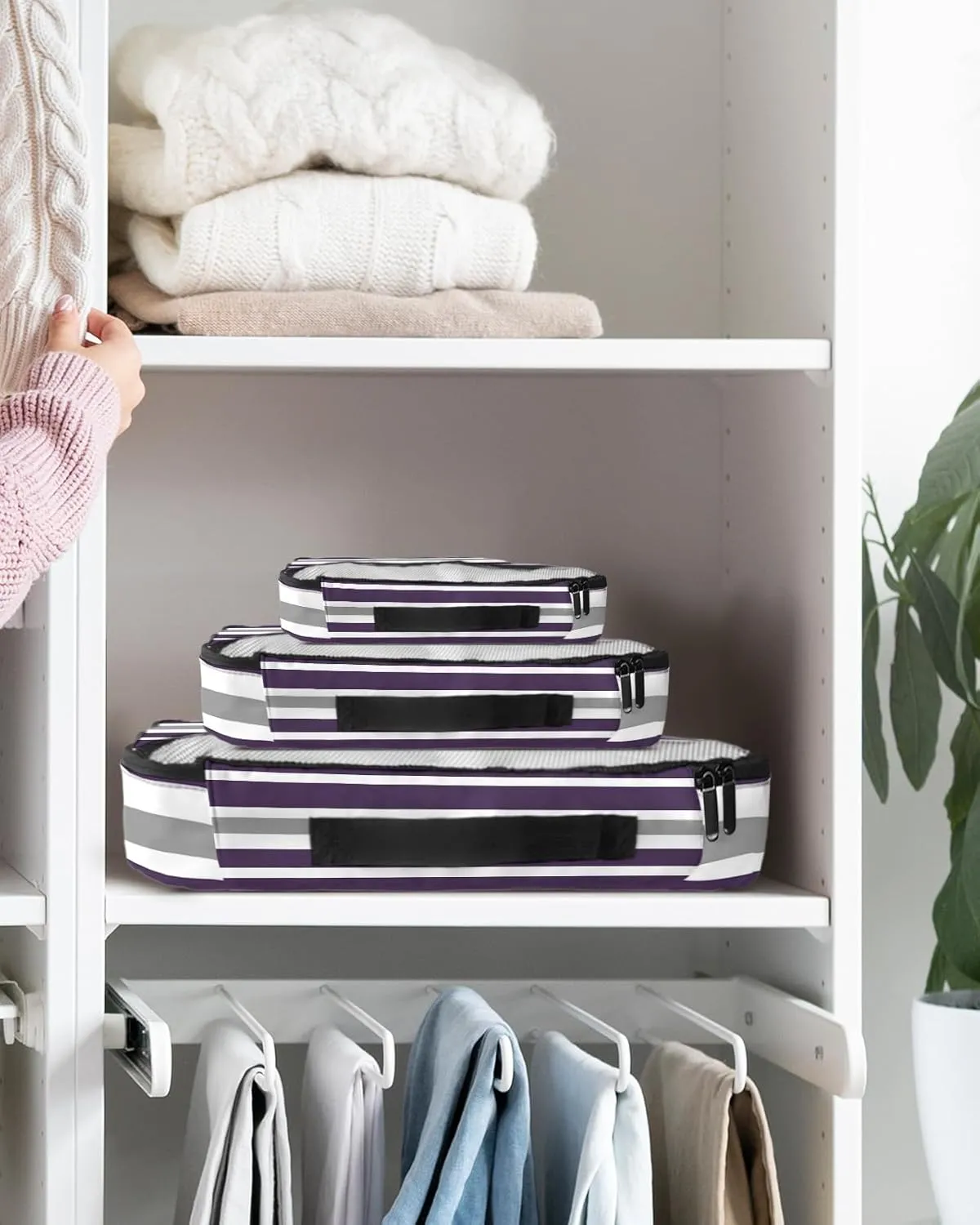 Packing Cubes for Travel, 4 Set Travel Packing Organized Cubes Dark Purple Gray White Stripe Waterproof Luggage Organizer with Laundry Bag Shoe Bag Travel Accessories for Carry On Suitcases