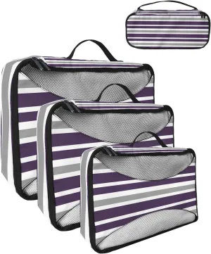 Packing Cubes for Travel, 4 Set Travel Packing Organized Cubes Dark Purple Gray White Stripe Waterproof Luggage Organizer with Laundry Bag Shoe Bag Travel Accessories for Carry On Suitcases