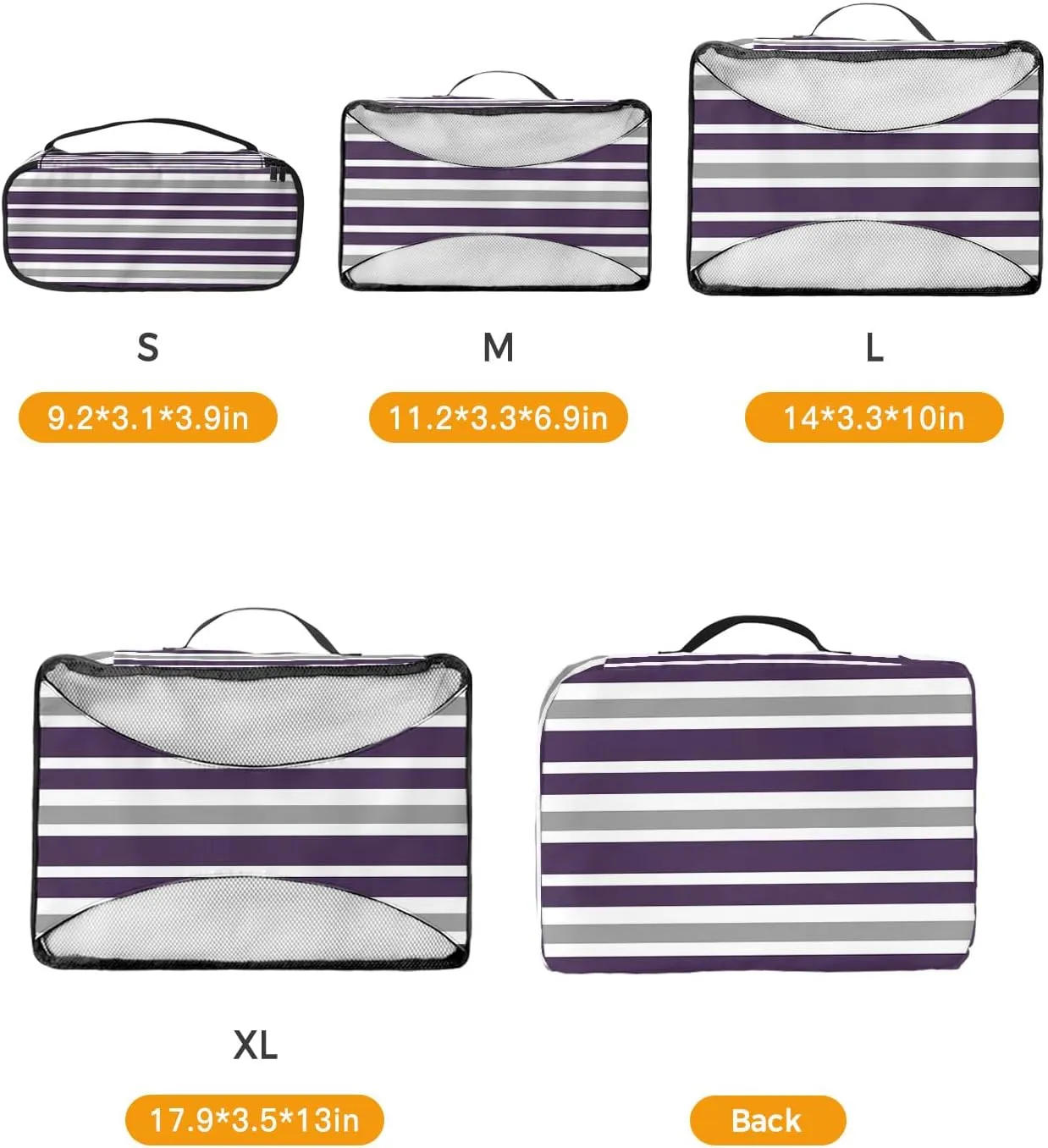 Packing Cubes for Travel, 4 Set Travel Packing Organized Cubes Dark Purple Gray White Stripe Waterproof Luggage Organizer with Laundry Bag Shoe Bag Travel Accessories for Carry On Suitcases