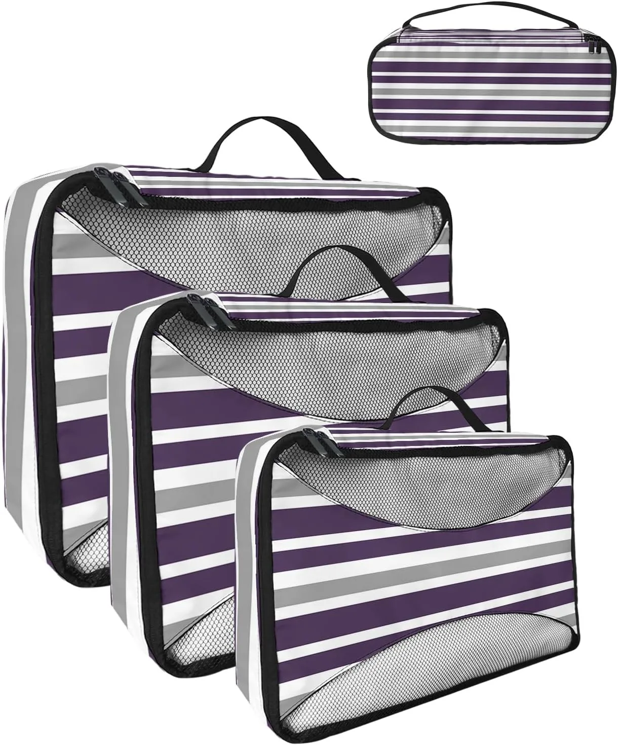 Packing Cubes for Travel, 4 Set Travel Packing Organized Cubes Dark Purple Gray White Stripe Waterproof Luggage Organizer with Laundry Bag Shoe Bag Travel Accessories for Carry On Suitcases
