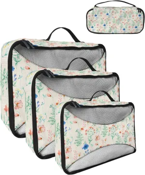 Packing Cubes for Travel, 4 Set Travel Packing Organized Cubes Floral Plants Leaves Watercolor Style Linen Texture Waterproof Luggage Organizer Shoe Bag Travel Accessories for Carry On Suitcases