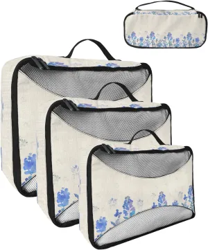 Packing Cubes for Travel, 4 Set Travel Packing Organized Cubes Plant Blue Leaves Watercolor Style Linen Texture Waterproof Luggage Organizer Shoe Bag Travel Accessories for Carry On Suitcases