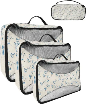 Packing Cubes for Travel, 4 Set Travel Packing Organized Cubes Plant Floral Blue Leaves Watercolor Style Linen Texture Waterproof Luggage Organizer Travel Accessories for Carry On Suitcases