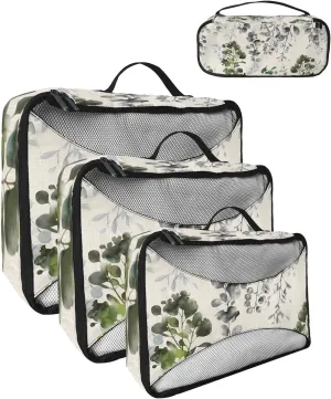 Packing Cubes for Travel, 4 Set Travel Packing Organized Cubes Plants Floral Leaves Watercolor Dark Green Linen Texture Waterproof Luggage Organizer Shoe Bag Travel Accessories for Carry On Suitcases