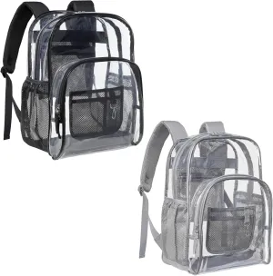 PACKISM Clear Backpack - 2 Pack Large Clear Backpack Heavy Duty Transparent Backpacks for School, See Through Bookbag for Student, Work, Travel, Black Grey(for age 12 above)