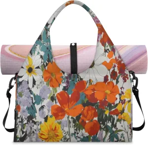 Painted Flowers Women's Yoga Gym Bag - Adjustable shoulder strap with shoe compartment, large gym bag with multiple pockets for yoga mat, gym equipment and travel accessories