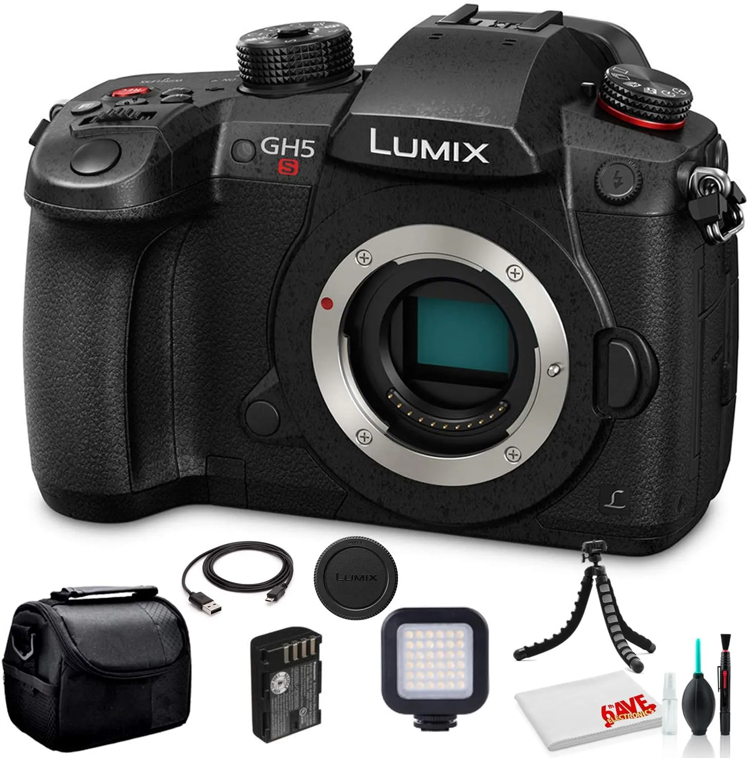 Panasonic Lumix DC-GH5S Mirrorless Digital Camera (DC-GH5S) - Bundle - with LED Video Light   Soft Bag   12 Inch Flexible Tripod   Cleaning Set