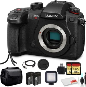 Panasonic Lumix DC-GH5S Mirrorless Digital Camera (DC-GH5S) - Bundle - with Sony 128GB Tough SD Card   LED Video Light   DMW-BLF19 Battery   Soft Bag   12 Inch Flexible Tripod   Cleaning Set   More