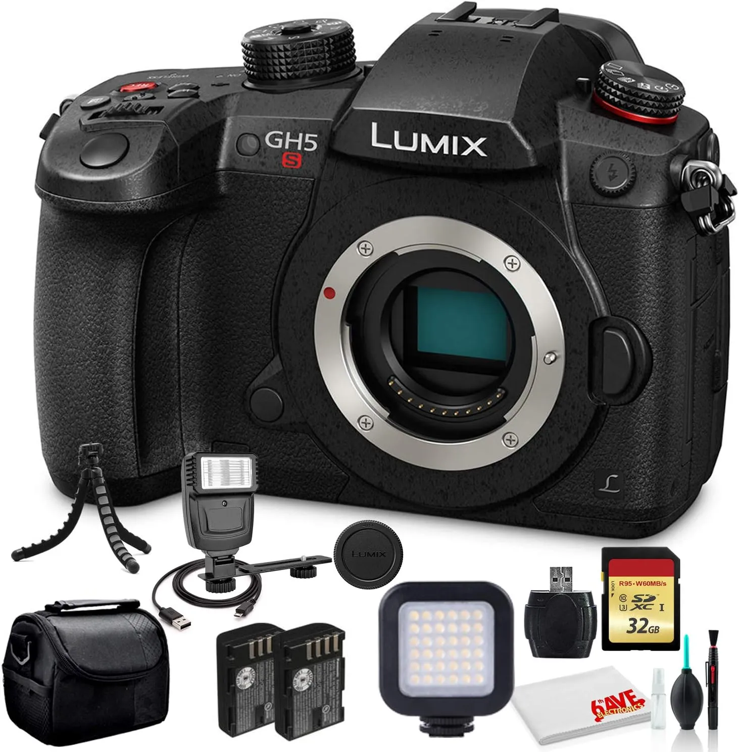 Panasonic Lumix DC-GH5S Mirrorless Digital Camera (DC-GH5S) - Bundle - with Sony 32GB Tough SD Card   LED Video Light   Digital Flash   DMW-BLF19 Battery   Soft Bag   12 Inch Flexible Tripod   More