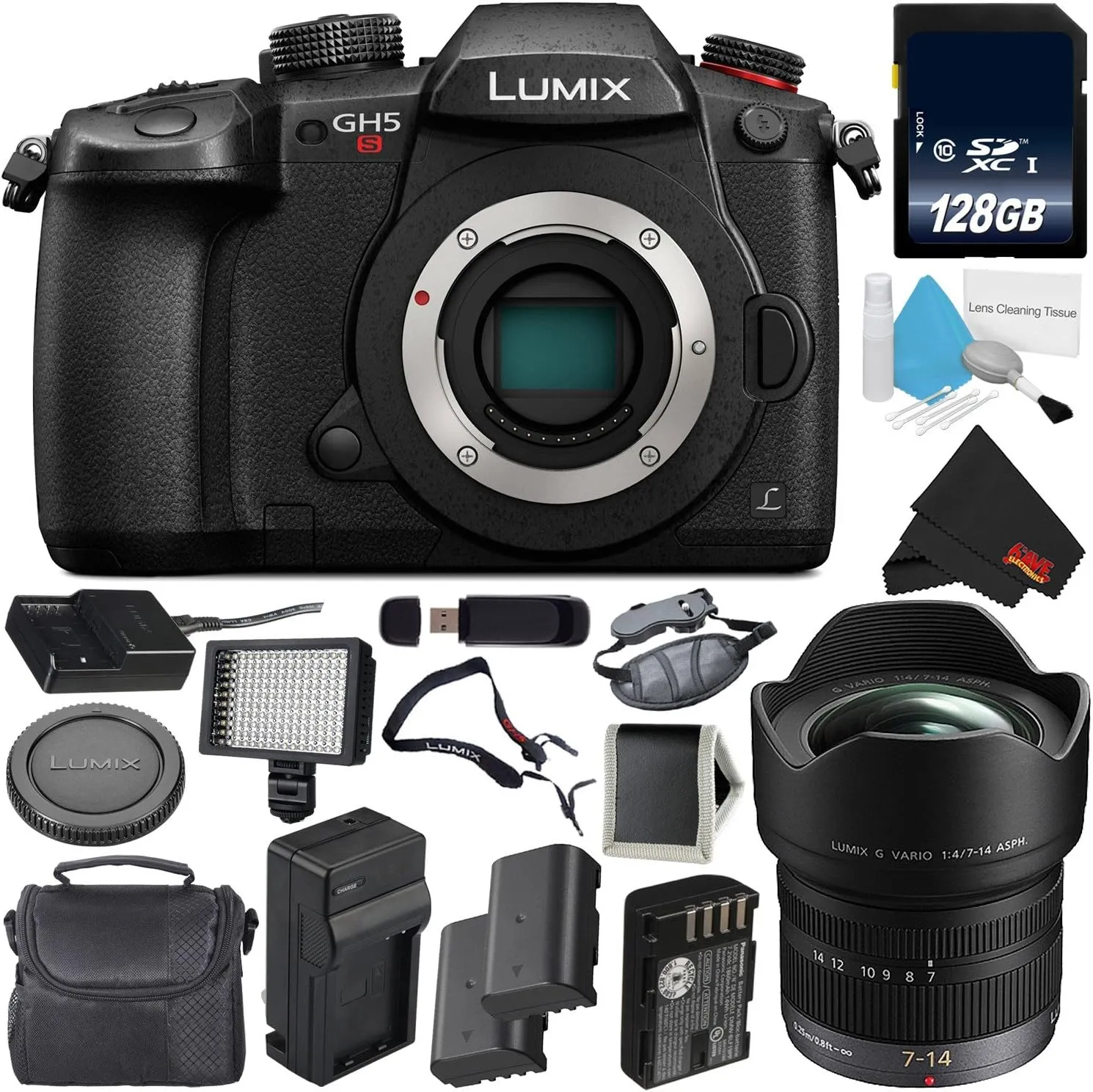 Panasonic Lumix DC-GH5S Mirrorless Micro Four Thirds Digital Camera International Version   Panasonic Lumix G Vario 7-14mm Lens(International Version)   128GB Class 10 Memory Card Bundle
