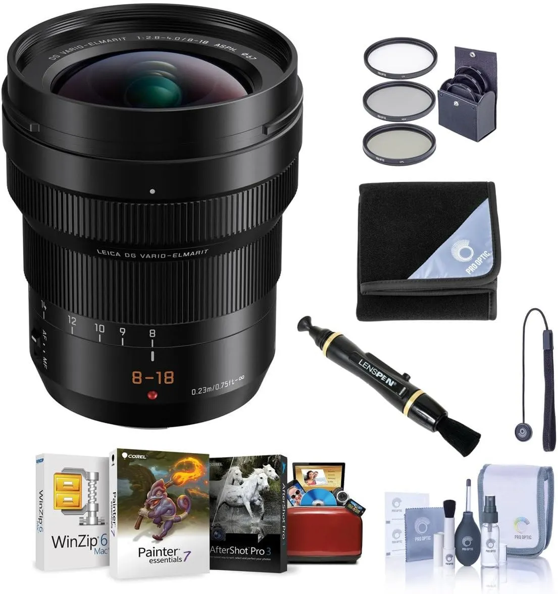 Panasonic LUMIX G Leica DG Vario-Elmarit 8-18mm f/2.8-4 Aspherical Lens for Micro Four Thirds, Bundle w/67mm Filter Kit, Cleaning Kit, Lens Wrap, Lens Cleaner, Lens Cap Tether, Mac Software Kit