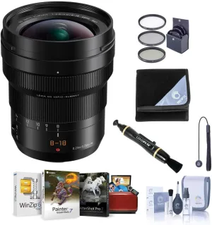 Panasonic LUMIX G Leica DG Vario-Elmarit 8-18mm f/2.8-4 Aspherical Lens for Micro Four Thirds, Bundle w/67mm Filter Kit, Cleaning Kit, Lens Wrap, Lens Cleaner, Lens Cap Tether, Mac Software Kit