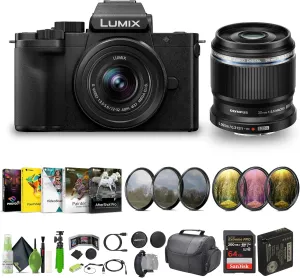 Panasonic Lumix G100D 4K Mirrorless Vlogging Camera, 5-Axis Hybrid I.S, YouTube Vlogger Kit Bundle with 12-32mm Lens   M.Zuiko Digital ED 30mm f/3.5 Macro Lens Micro Four Thirds   Vlog Accessories