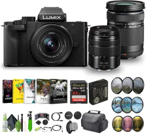 Panasonic Lumix G100D 4K Mirrorless Vlogging Camera, YouTube Vlogger Kit Bundle with 12-32mm Lens and G Vario 45-150mm  M.Zuiko Digital ED 40-150mm f/4-5.6 R Lens Micro Four Thirds   Vlog Accessories