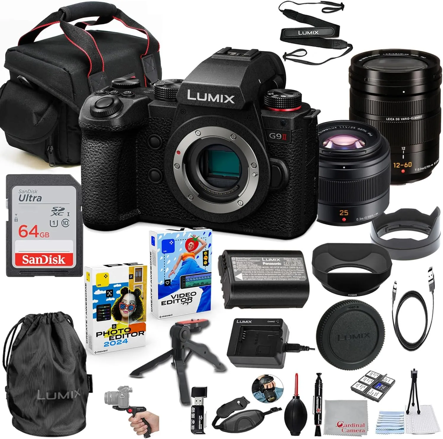 Panasonic Lumix G9 II Mirrorless Camera with 12-60mm f/2.8-4 & 25mm f/1.4 II Lens Bundle   Accessory Kit with 64GB Memory, Grip Tripod, Carry Case, Editing Software Package & More (32 Items)