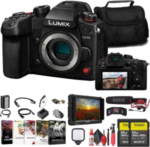 Panasonic Lumix GH6 Mirrorless Camera (DC-GH6BODY)   4K Monitor   Rode VideoMic   Sony 64GB Tough SD Card   Card Reader   LED Light   Corel Photo Software   Case   Flex Tripod   Hand Strap   More