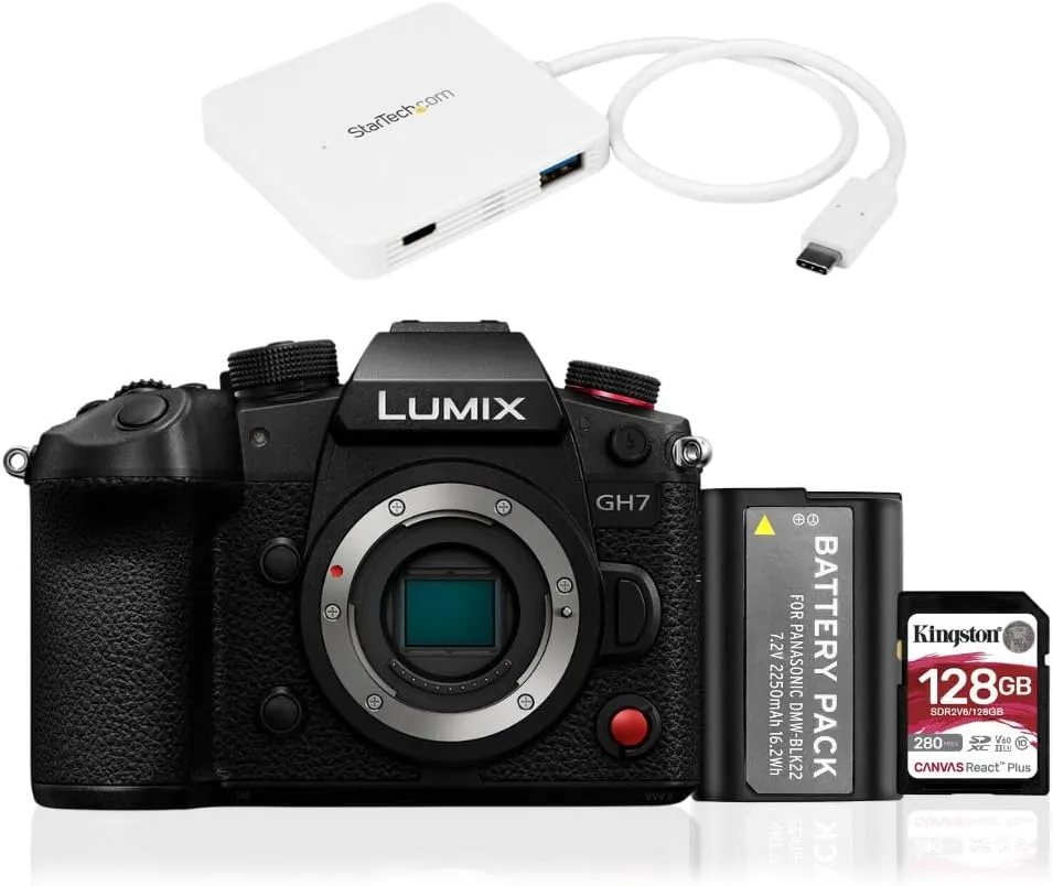 Panasonic LUMIX GH7 Micro Four-Thirds Mirrorless Camera Body Bundle with 128GB SD Card, 3-Port USB-C Hub, and Extra Battery Pack (4 Items)