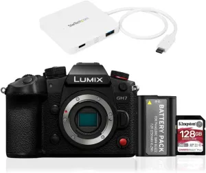Panasonic LUMIX GH7 Micro Four-Thirds Mirrorless Camera Body Bundle with 128GB SD Card, 3-Port USB-C Hub, and Extra Battery Pack (4 Items)