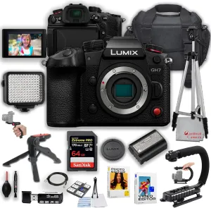 Panasonic Lumix GH7 Mirrorless Camera (Body) | 25.2MP | LED Square Light, 64GB Extreme Memory, U Grip, Tripod, Case & More