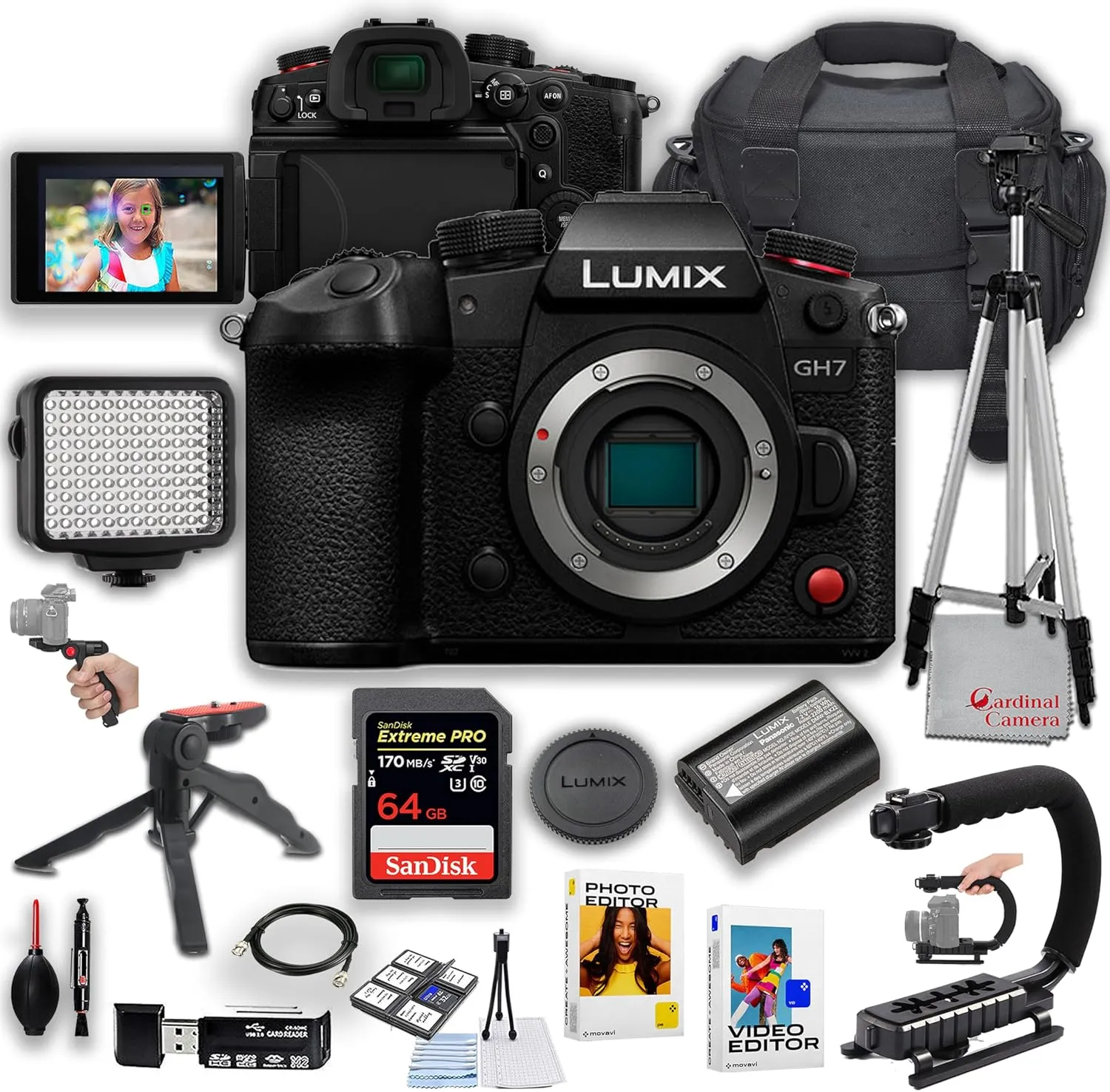 Panasonic Lumix GH7 Mirrorless Camera (Body) | 25.2MP | LED Square Light, 64GB Extreme Memory, U Grip, Tripod, Case & More