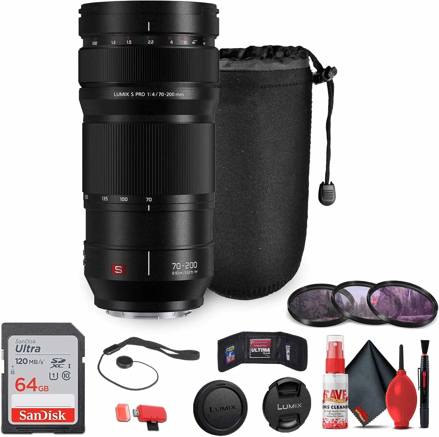 Panasonic Lumix S PRO 70-200mm f/4 O.I.S. Lens (S-R70200) Bundle Including: 64 GB Memory Card, 3-Piece Filter Kit, Lens Caps, Lens Pouch, Cap Keeper, Full Cleaning Kit, Card Reader, Card Wallet