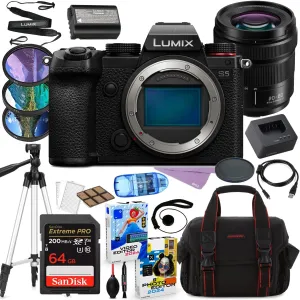 Panasonic Lumix S5 Mirrorless Camera with 20-60mm Lens Bundle   Accessories Including 64GB Extreme Pro Memory, Filters, Tripod, Photo/Video Software Package and More (27 Items)