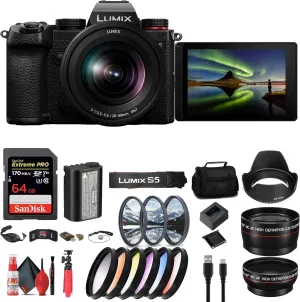 Panasonic Lumix S5 Mirrorless Camera with 20-60mm Lens (DC-S5KK)   64GB Memory Card   Filter Kit   Wide Angle Lens   Color Filter Kit   Lens Hood   Bag   Telephoto Lens   More