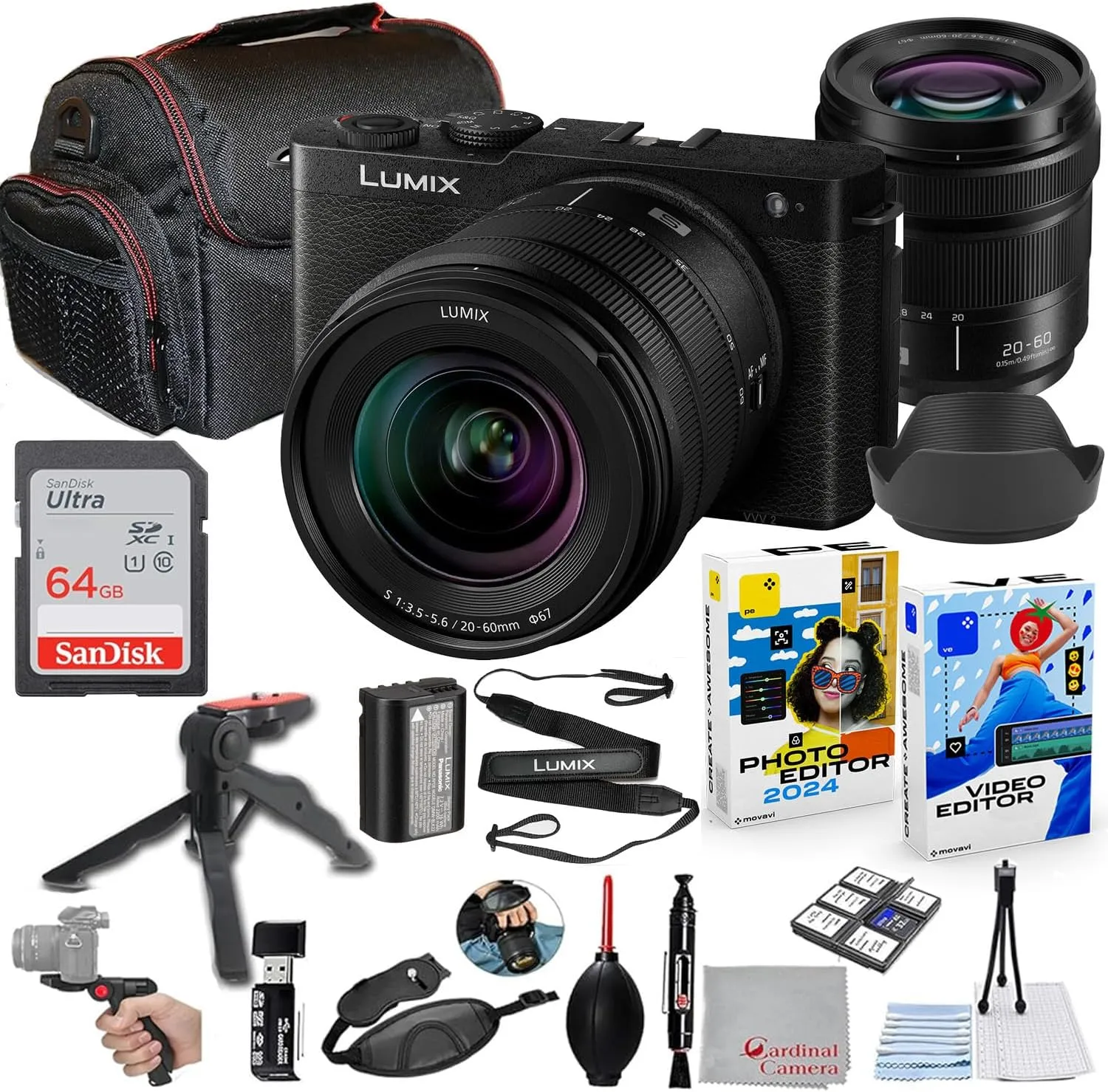 Panasonic Lumix S9 Mirrorless Camera (Jet Black) with 20-60mm Lens Bundle   Accessory Package Including 64GB Memory, Grip Tripod, Carry Bag, Editing Software Package & More (21 Items)