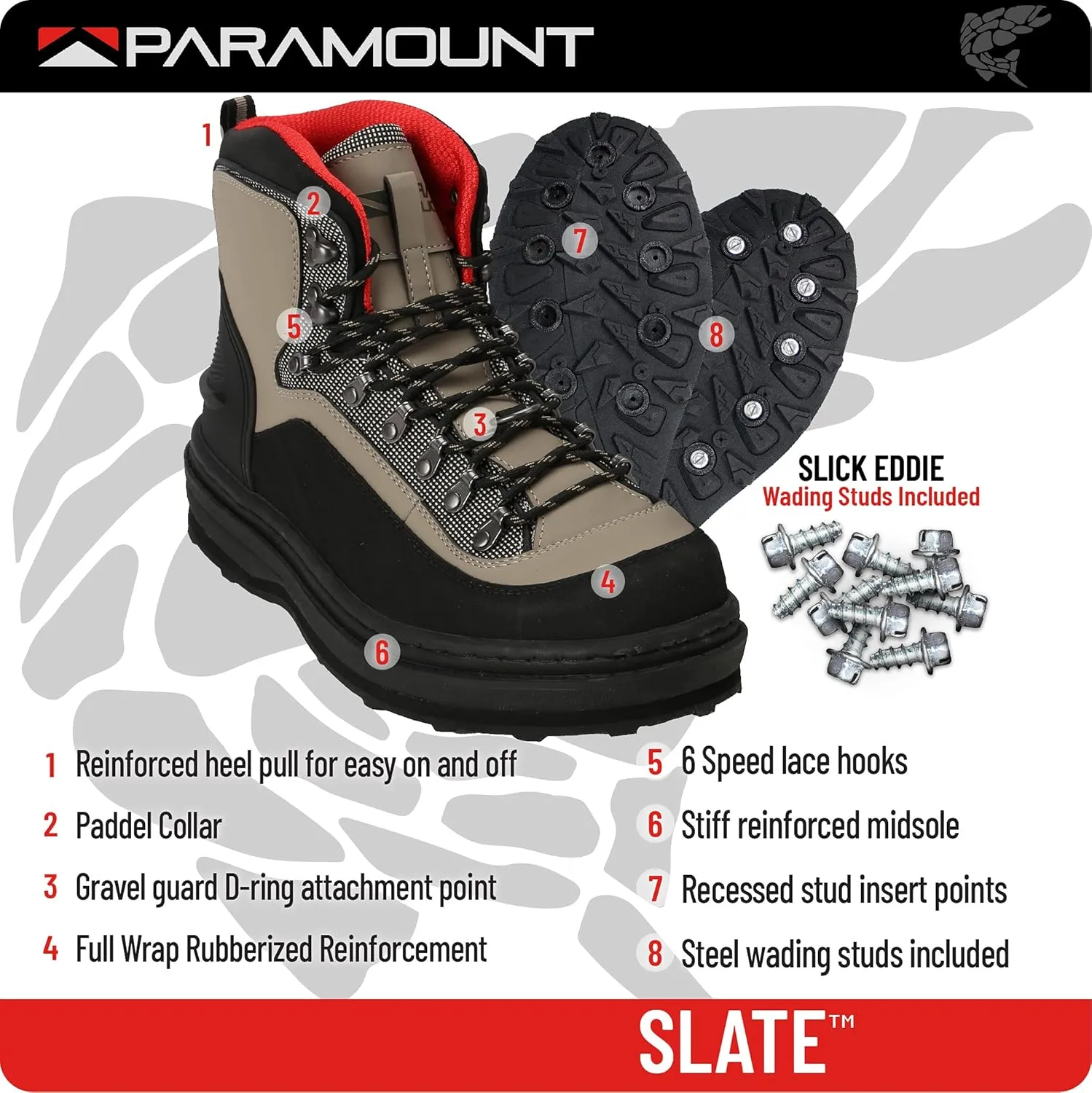 Paramount Outdoors Slate Cleated Wading Boot Rubber Bottom Wading Shoe With Metal Wading Studs