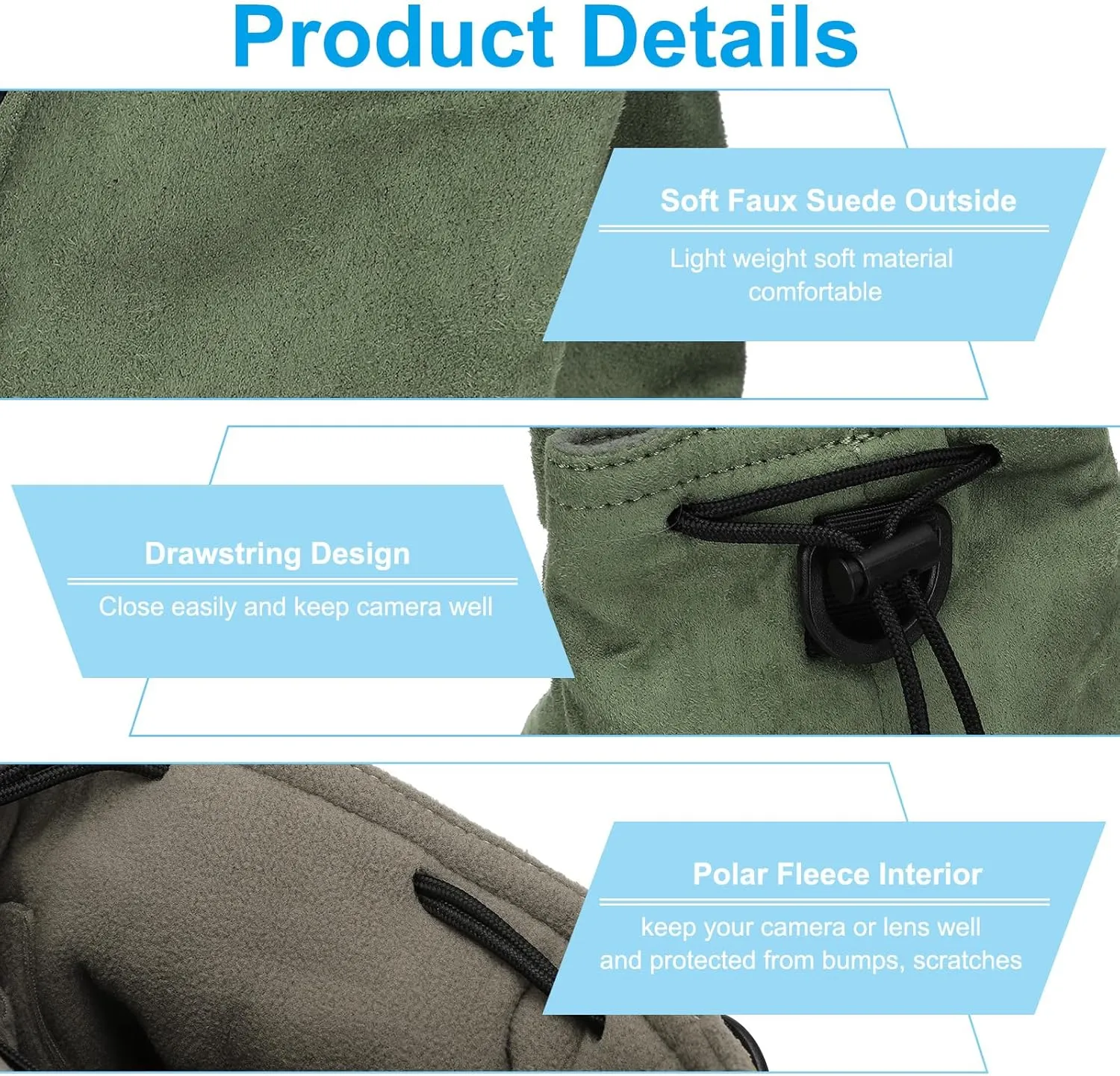 Patikil S Size Drawstring Lens Case Flannel Camera Handbag with Adjustable Shoulder Strap for DSLR Lens, Green