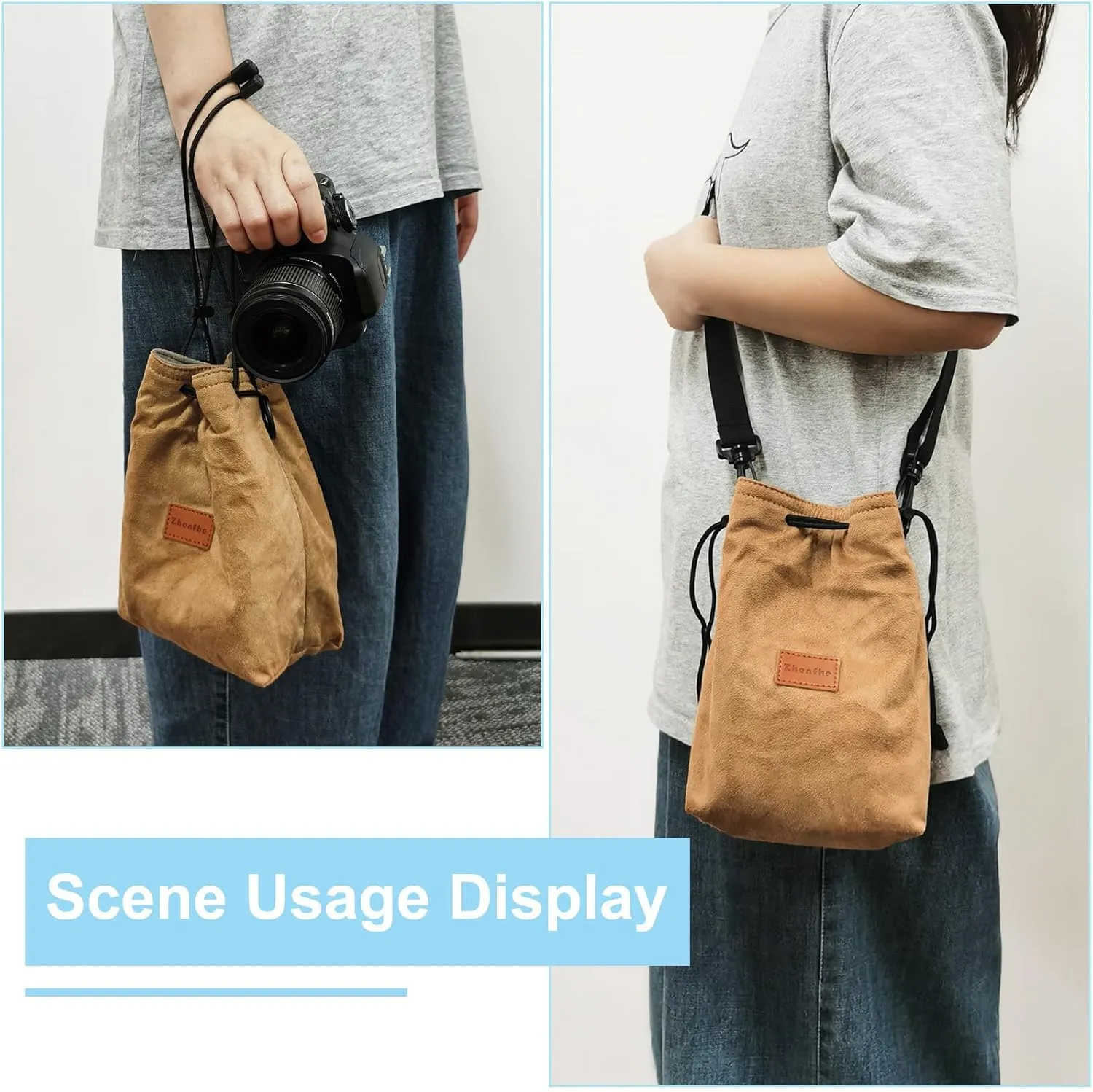 Patikil S Size Drawstring Lens Case Flannel Camera Handbag with Adjustable Shoulder Strap for DSLR Lens, Green