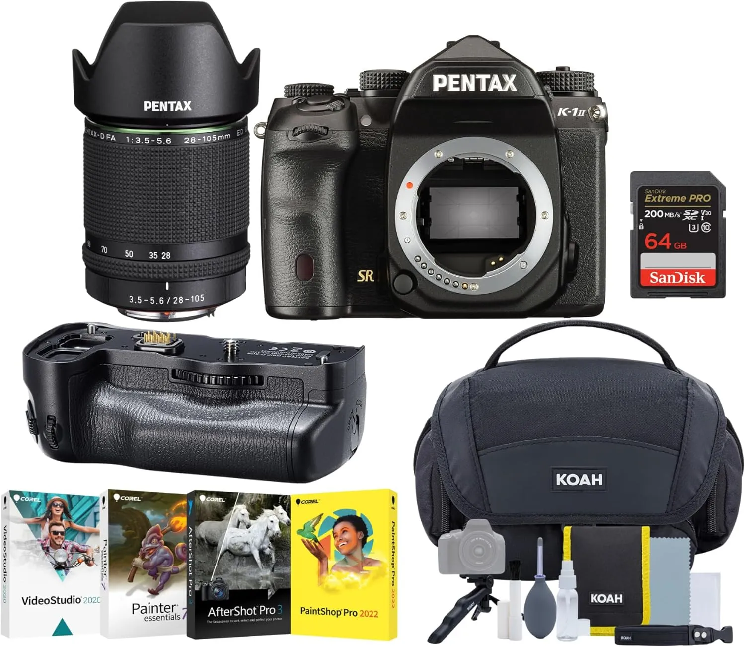 Pentax K-1 Mark II Full-Frame DSLR Camera with 28-105mm Lens - High-Resolution Photography with Low-Light Excellence Bundle with Camera Grip, Memory Card, Editing Software, and Camera Bag (5 Items)