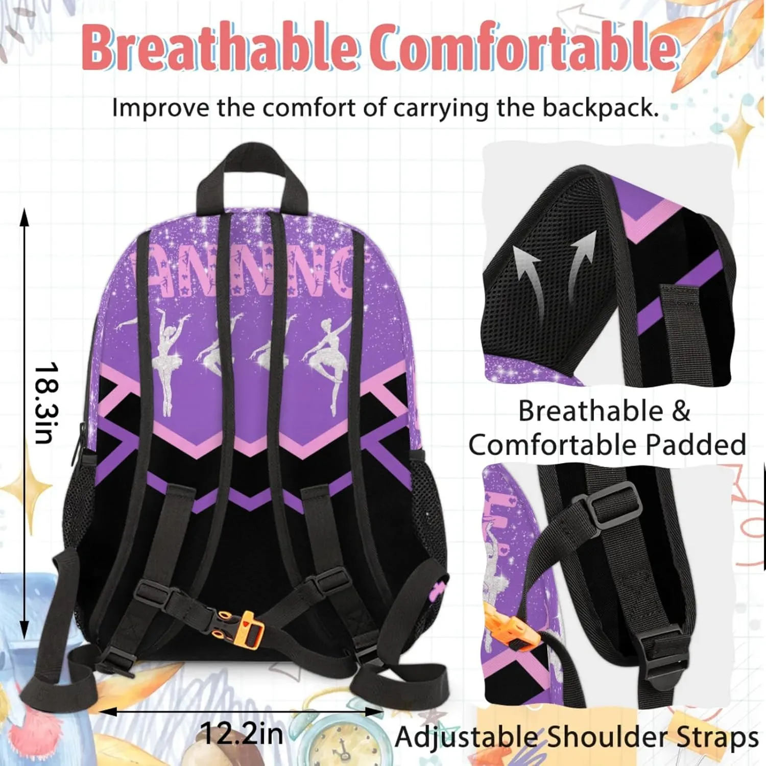 Personalized Ballet Dance Backpack with Name, Custom Dance Shoulder Bag for Travel Work Coral Pink Magenta Black