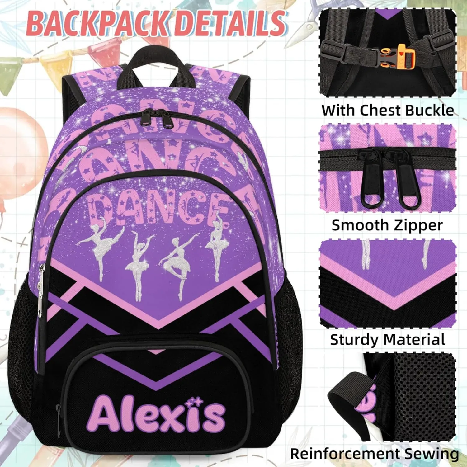 Personalized Ballet Dance Backpack with Name, Custom Dance Shoulder Bag for Travel Work Coral Pink Magenta Black