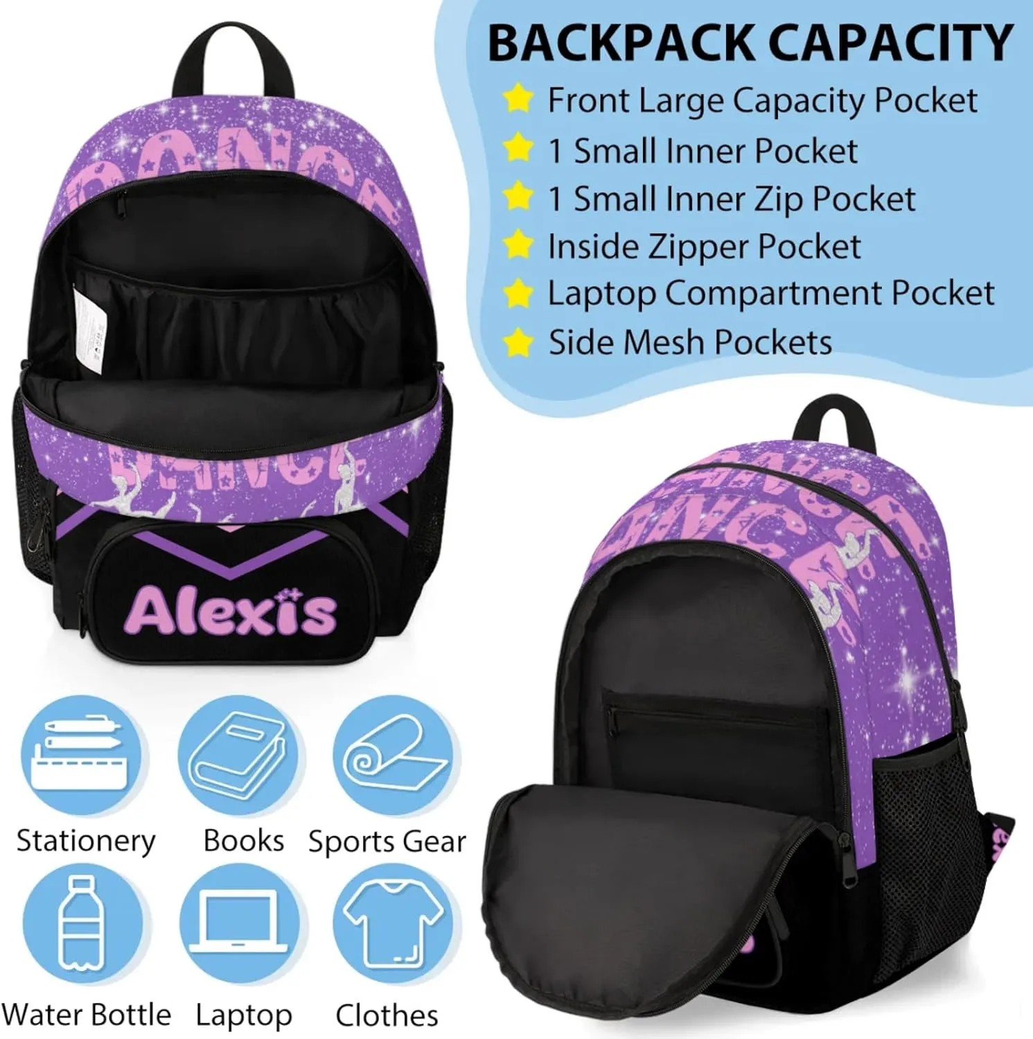 Personalized Ballet Dance Backpack with Name, Custom Dance Shoulder Bag for Travel Work Coral Pink Magenta Black