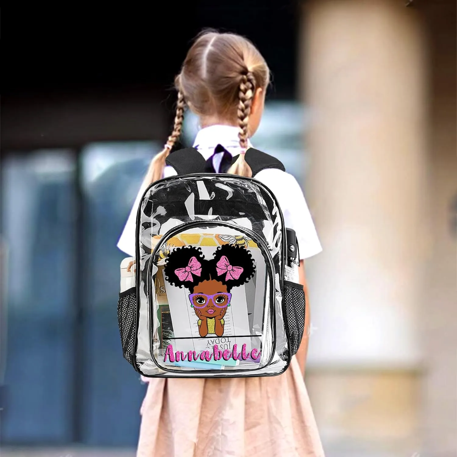 Personalized Clear Backpack for Girls, Custom Kids PVC Waterproof Transparent Backpack with Reinforced Strap & Large Capacity, Back to School Gift