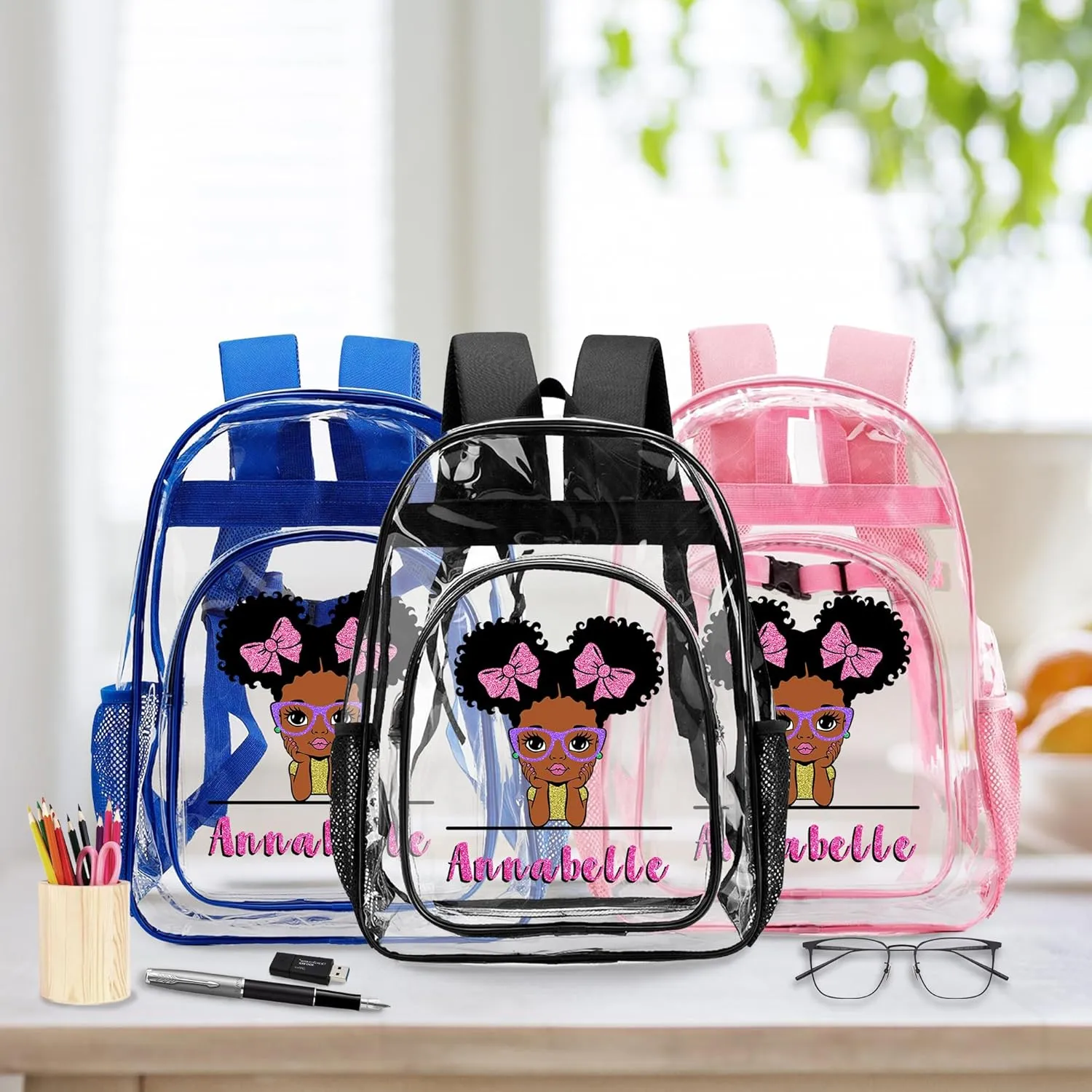 Personalized Clear Backpack for Girls, Custom Kids PVC Waterproof Transparent Backpack with Reinforced Strap & Large Capacity, Back to School Gift