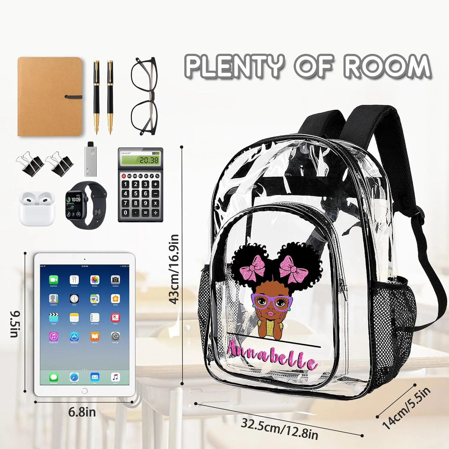 Personalized Clear Backpack for Girls, Custom Kids PVC Waterproof Transparent Backpack with Reinforced Strap & Large Capacity, Back to School Gift