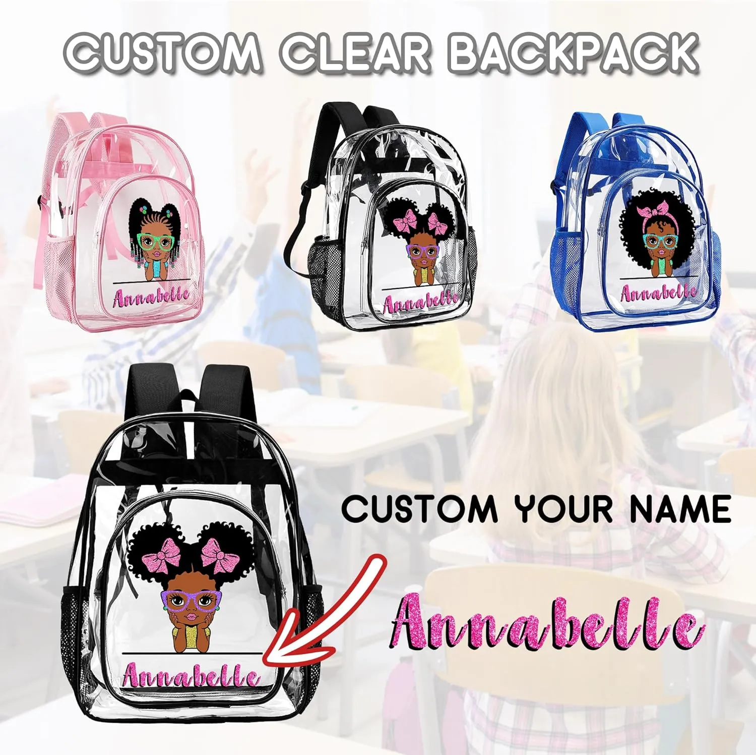 Personalized Clear Backpack for Girls, Custom Kids PVC Waterproof Transparent Backpack with Reinforced Strap & Large Capacity, Back to School Gift