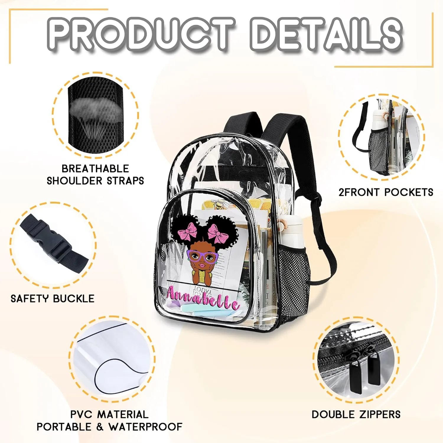 Personalized Clear Backpack for Girls, Custom Kids PVC Waterproof Transparent Backpack with Reinforced Strap & Large Capacity, Back to School Gift