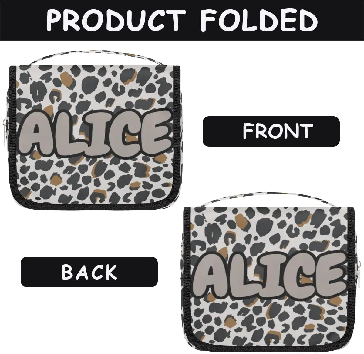 Personalized Travel Makeup Bag Cosmetic Bag for Woman Men,Custom Hanging Toiletry Makeup Bag with Handle Great DIY Gift for Boys and Girls Black Brown Leopard