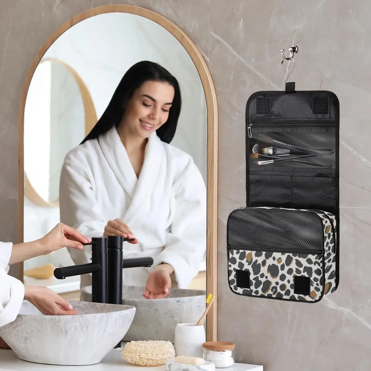 Personalized Travel Makeup Bag Cosmetic Bag for Woman Men,Custom Hanging Toiletry Makeup Bag with Handle Great DIY Gift for Boys and Girls Black Brown Leopard
