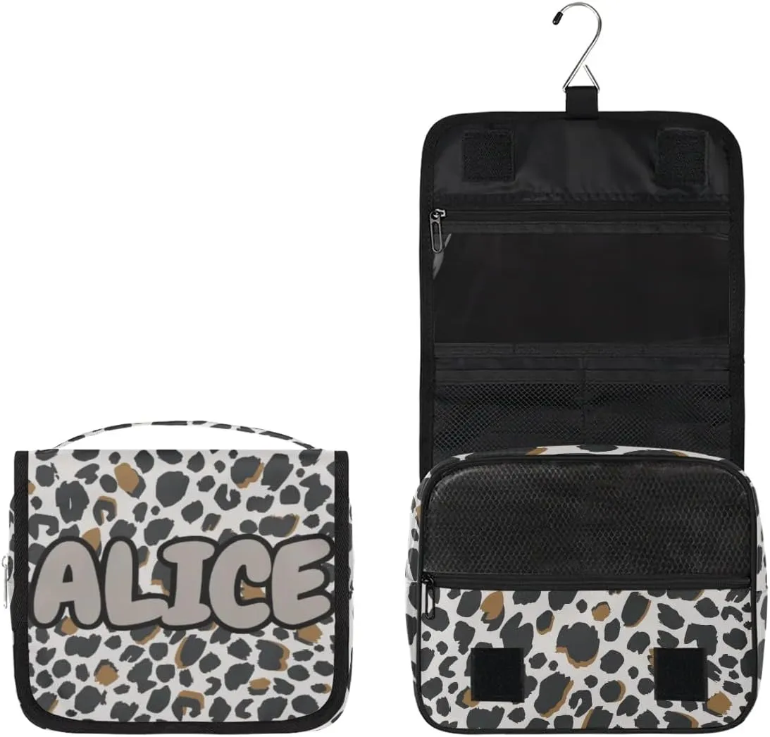 Personalized Travel Makeup Bag Cosmetic Bag for Woman Men,Custom Hanging Toiletry Makeup Bag with Handle Great DIY Gift for Boys and Girls Black Brown Leopard