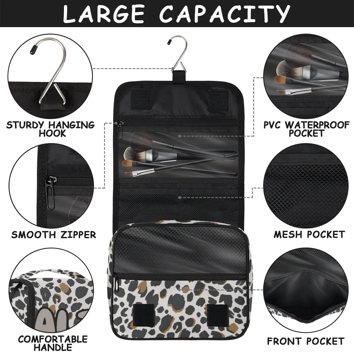Personalized Travel Makeup Bag Cosmetic Bag for Woman Men,Custom Hanging Toiletry Makeup Bag with Handle Great DIY Gift for Boys and Girls Black Brown Leopard