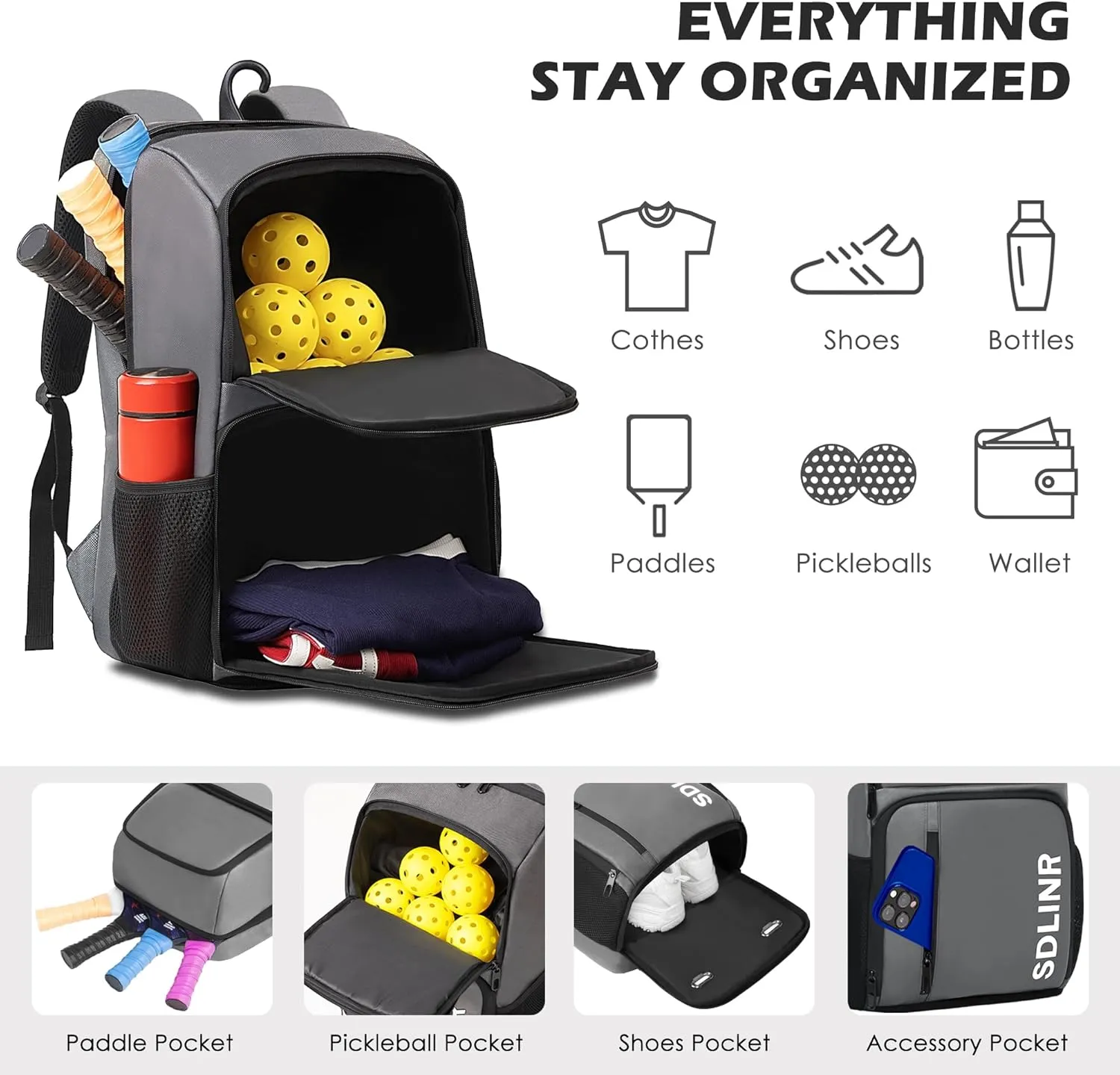 Pickleball Bag Fits 4 to 10 Paddles, Large Pickleball Backpack with Shoe Compartment and Fence Hook,Pickleball Gifts for Men Women