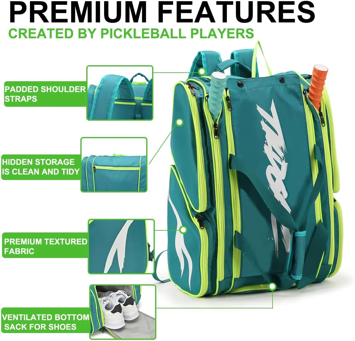 Pickleball Bag - Large Paddle Bag for 4 Paddles & Accessories - Fence Hook, Extra Pockets, Shoe Compartment