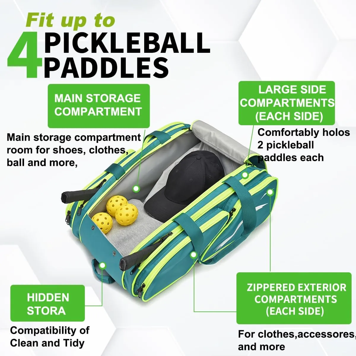 Pickleball Bag - Large Paddle Bag for 4 Paddles & Accessories - Fence Hook, Extra Pockets, Shoe Compartment